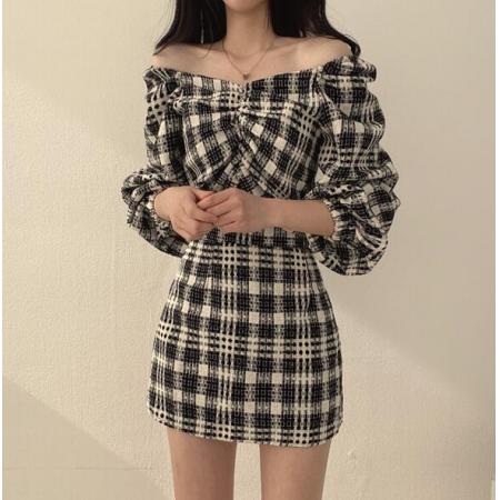 PS14377# 早春新款韩版chic小众抽褶短款粗花呢格纹两件套 服装批发女装直播货源