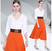PS20804# 新品小清新白色衬衣+橘色拼接半身裙二件套 服装批发女装直播货源