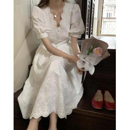 PS20951# 泡泡袖白色连衣裙女夏季新法式仙女裙中长款收腰显瘦初恋裙子