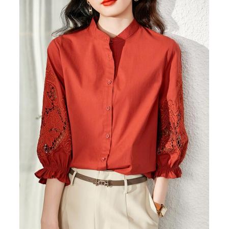 PS24284# 红色刺绣棉布衬衫女设计感小众春季立领衬衣七分袖上衣 服装批发女装直播货源