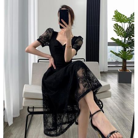 PS33999# 黑色连衣裙女夏季新款方领法式复古赫本风蕾丝长裙 服装批发女装直播货源