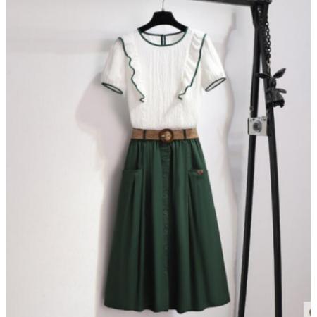 PS34534# 法式荷叶边绿色连衣裙女夏新款高级感气质洋气显瘦套装裙子