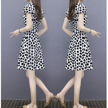 PS35832# 波点连衣裙女夏中长款新款韩版气质修身显瘦短袖收腰小个子裙 服装批发女装直播货源