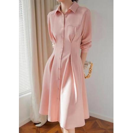 PS53912# 新款修身显瘦气质衬衫裙女中长款粉色收腰连衣裙 服装批发女装直播货源