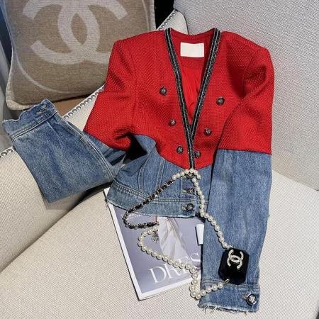 PS57777# 新款秋季减龄上衣女韩版法式复古设计感单排扣拼接牛仔外套潮
