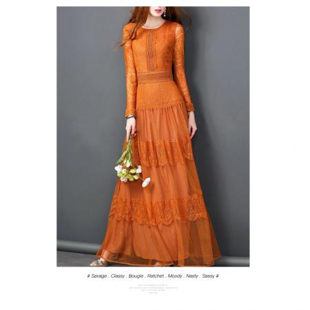YF62913#  欧美秋冬新款橘色蕾丝修身长袖网纱连衣裙时尚优雅气质女神范