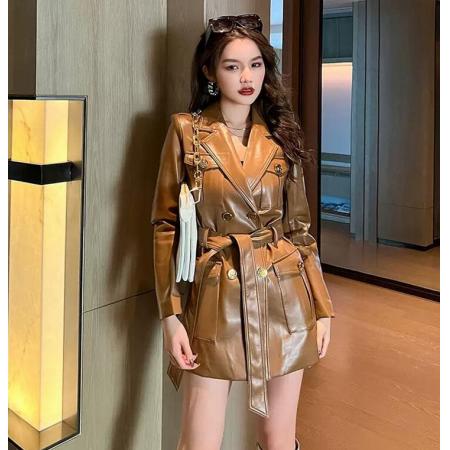 PS64933# 新品韩版洋气时髦翻领西装收腰外套上衣女时髦皮衣风衣