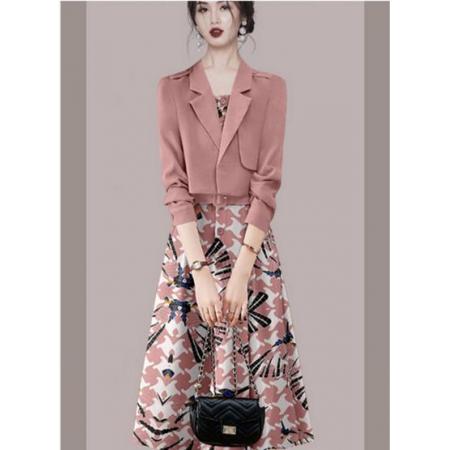 TR15043# 名媛气质减龄套装女装春款粉色短外套无袖印花连衣裙两件套 服装批发女装服饰货源