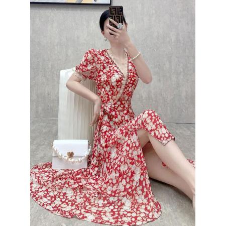 TR15989# 夏季女神范短袖碎花连衣裙名媛高腰修身显瘦开叉中长荷叶边裙子女 服装批发女装服饰货源