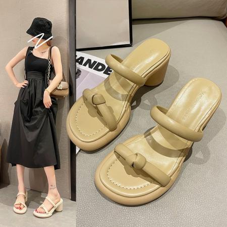 X-29453# 女鞋拖鞋女外穿夏季新款法式时尚小个子粗跟一字带高跟鞋 鞋子批发女鞋货源