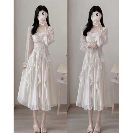 TR23312# 新款女装桔梗法式仙女裙高端精致小香风白色方领连衣裙