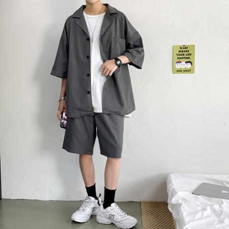 TR23972# 夏季薄款短袖小西服套装男韩版学生宽松潮流两件套休闲五分西装裤 男装批发男生服饰货源