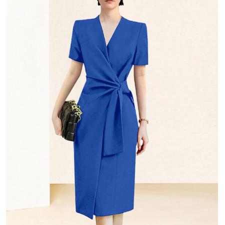 TR25536# 高级感气质蓝色法式连衣裙女装新款职业收腰裙子夏季 服装批发女装服饰货源