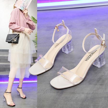 X-29777# 新款夏季性感水晶透明凉鞋女粗跟一字带时装高跟鞋中跟仙女风 鞋子批发