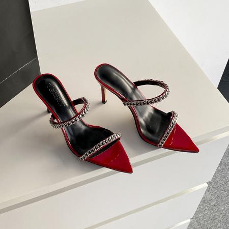 X-29832# 法式深红色夏季高跟凉鞋新款链条尖头凉拖鞋细跟简约气质女鞋 鞋子批发