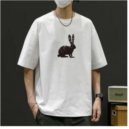 TR35265# 夏季新款撞色兔子印花夏季日系中性风阔版落肩20圆领T恤男
