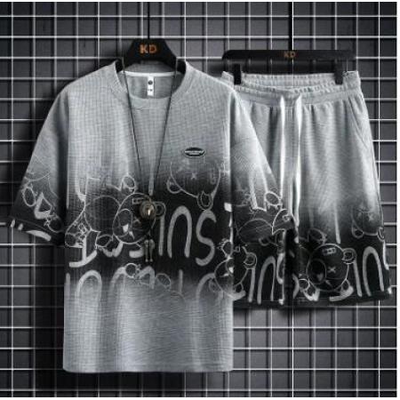 TR35269# 华夫格休闲运动套装直播爆款渐变色短袖t恤男夏季卡通印花半袖