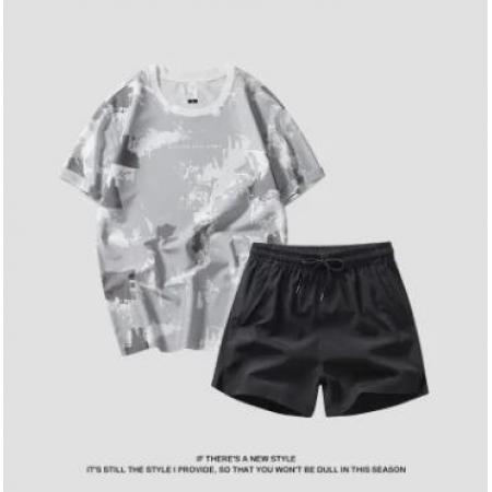 TR35278# 短袖T恤男夏季休闲短裤冰丝套装潮流夏季新款迷彩夏装两件套