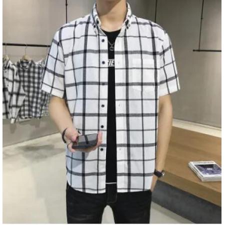 TR35320# 短袖衬衫男夏季宽松时尚潮流街头风格子外套衬衣男士翻领寸衫