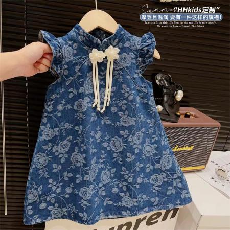 TR40601# 新品女童国风花朵提花中国结盘扣飞袖公主旗袍裙夏装连衣裙 童装批发童装货源