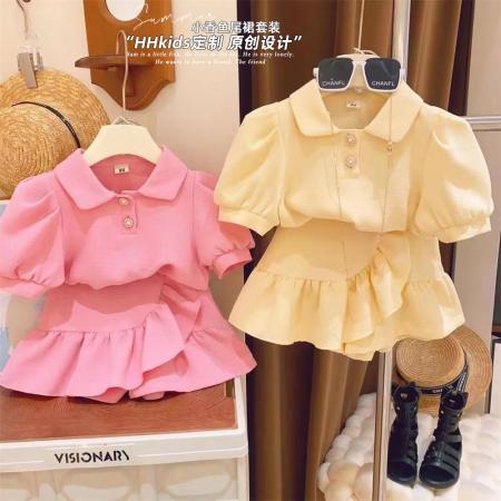 TR40611# 新品女童套装Polo领泡泡华夫格打底衫鱼尾裙裤两件套夏装 童装批发童装货源