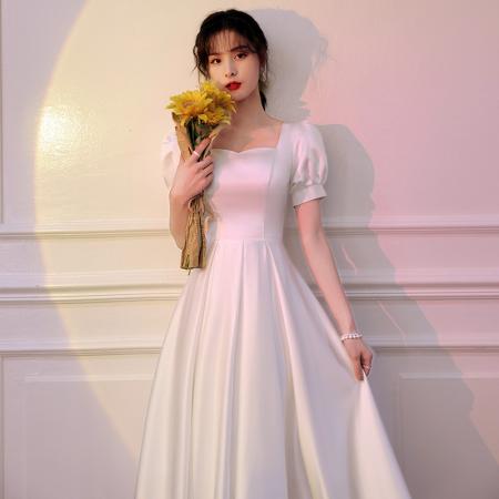 TR46052# 白色小礼服裙平时可穿日常领证登记夏季连衣裙订婚缎面设计感法式晚礼服批发