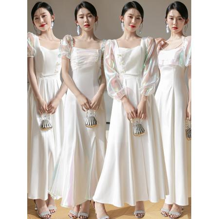 TR45901# 白色伴娘服新款平时可穿夏季显瘦姐妹团礼服裙女缎面高级小众 礼服批发