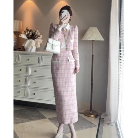 TR49675# 气质名媛粉色小香风套装女秋装高级感粗花呢外套半身包臀裙两件套