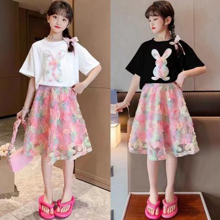 TR52883# 女童时髦短袖炸街绣花裙套装夏季爆款网红女孩洋气韩版衣服两件套