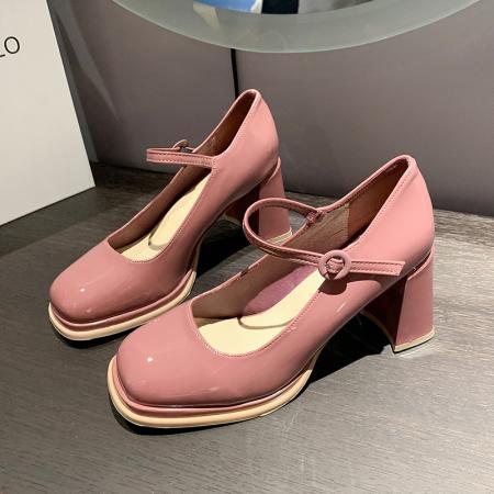 X-30710#  7.5cm纯色玛丽珍鞋女秋季新款搭扣方头粗跟浅口高跟单鞋女 鞋子批发女鞋批发货源