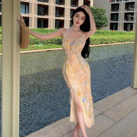 TR60411# 法式浪漫绝美碎花吊带连衣裙仙女性感露背海边度假拍照超仙长裙子