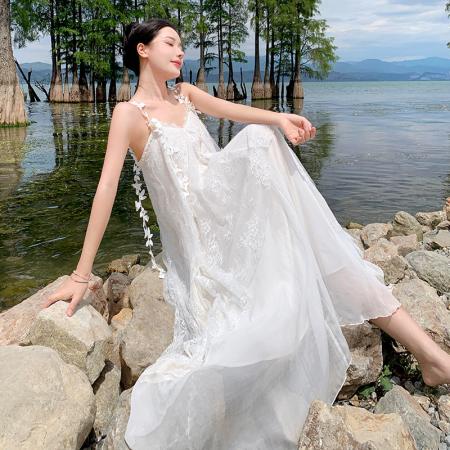 TR60413# 晨袍新娘高级感白色珍珠蝴蝶蕾丝仙女裙小众轻婚纱礼服吊带连衣裙