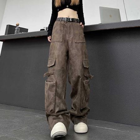 TR60571# 高街重工PU皮工装裤女秋季新款宽松复古美式直筒阔腿裤