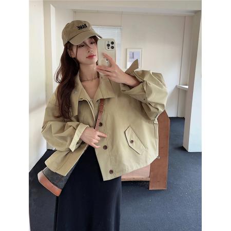 TR61328# 韩版简约复古百搭宽松短款Chic长袖风衣外套女 服装批发女装批发服饰货源