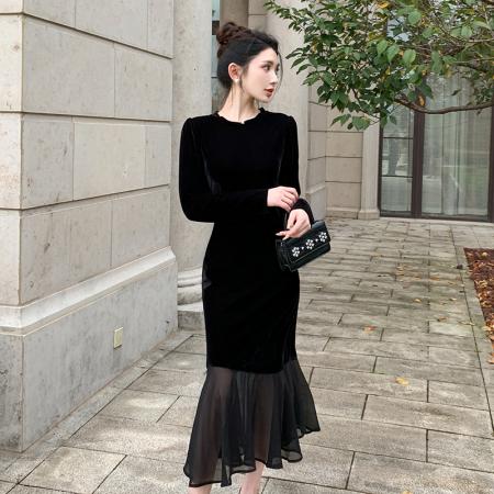 TR62024# 复古丝绒黑色赫本风修身拼接长袖连衣裙子女装质感高级长裙