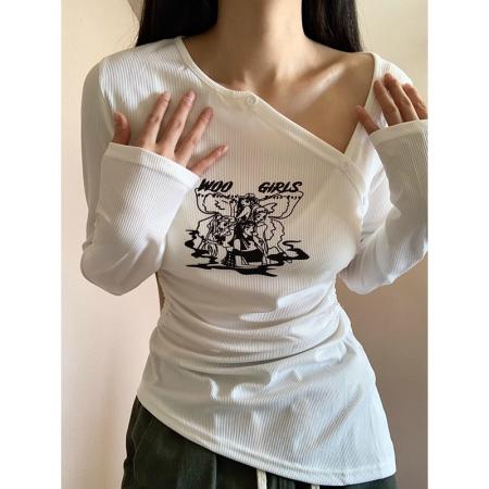 CX10991# 最便宜服装批发 高弹罗纹 甜酷辣妹薄款长袖T恤女