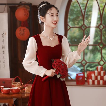 TR63235# 敬酒服新娘酒红色平时可穿订婚连衣裙法式丝绒新款蝴蝶结红裙