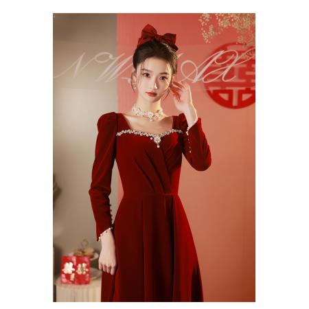 TR63236# 敬酒服新娘酒红色平时可穿订婚连衣裙法式丝绒新款