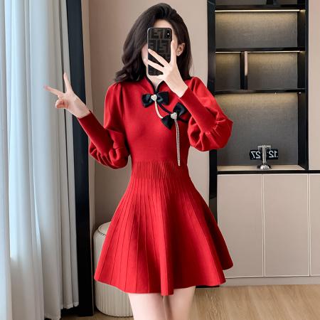 TR63238# 礼服高端轻奢小众红裙子过年女装新款秋冬针织毛衣红色连衣裙
