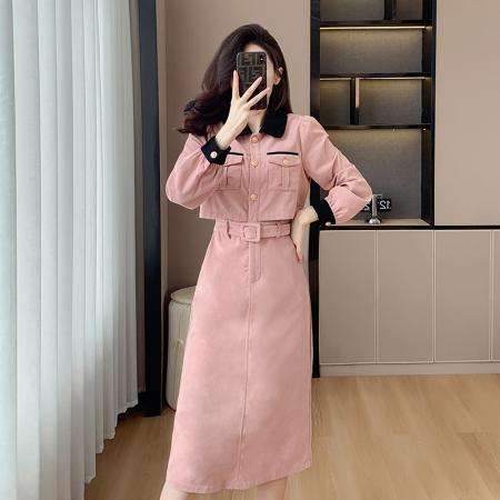 TR63244# 法式复古假两件粉色连衣裙秋冬新款中长裙