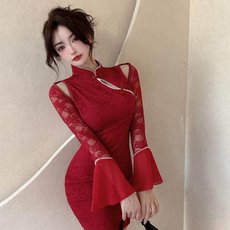TR63248# 国风复古时尚改良名国风蕾丝拼接钉珠旗袍裙连衣裙