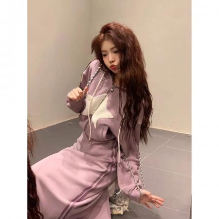TR63267# 香芋紫休闲时尚运动套装女秋甜美加绒星星连帽卫衣半身长裙两件套