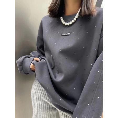 TR63348# 秋季新款版卓娃ZW重工艺烫钻纯色圆领长袖卫衣宽松中长款上衣