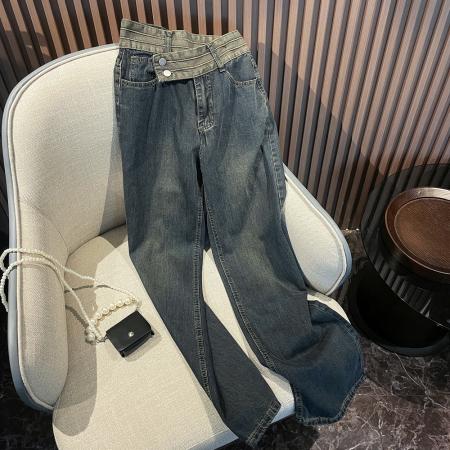 TR63377# FYQ-宽松直筒阔腿裤秋冬设计感小众不规则高腰深蓝色牛仔裤