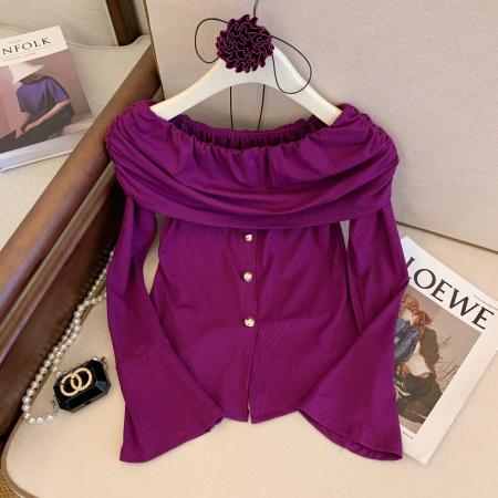 TR63429# 纯欲一字肩长袖T恤女秋季辣妹修身内搭打底衫紫色氛围感上衣