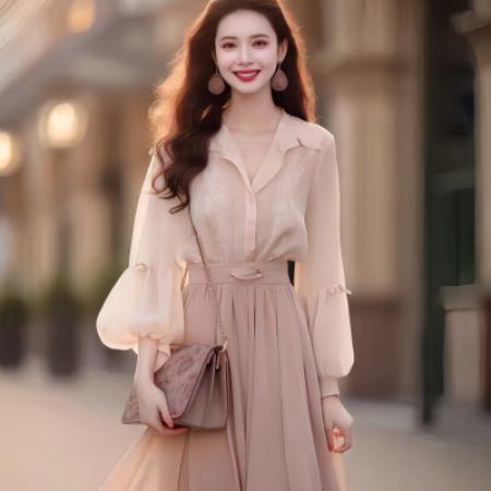 TR63871# 早秋穿搭新款小香风衬衫套装洋气时尚时髦气质粉色长裙两件套