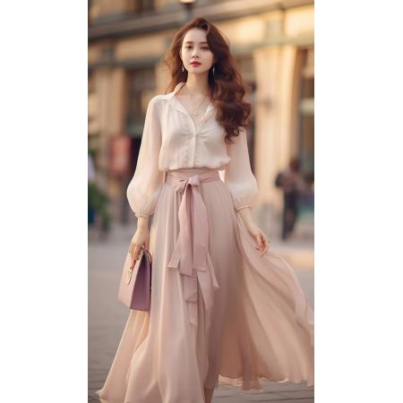 TR64425# 秋季新款女装小香风衬衫套装减龄洋气时尚粉色雪纺半身裙子两件套