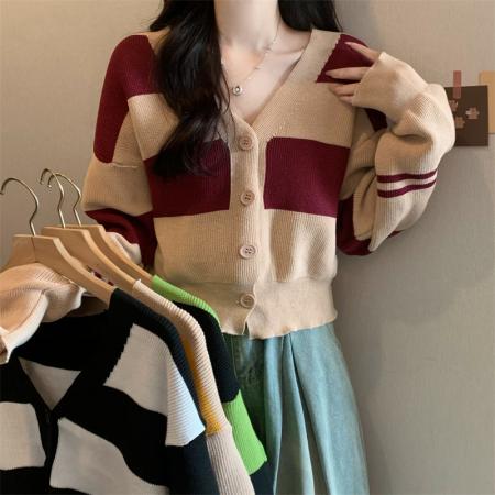 TR64965# 新款韩版V领撞色拼接百搭休闲针织开衫上衣 服装批发女装批发服饰货源