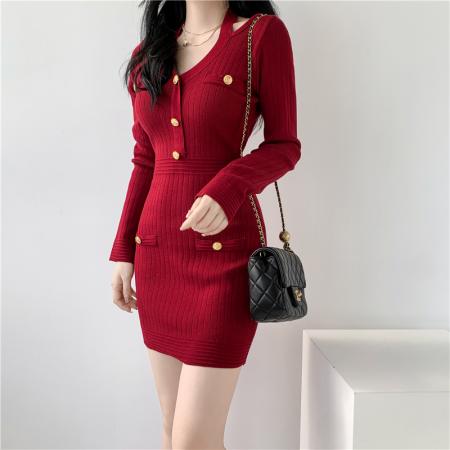 TR65635# 法式设计感小香风针织衫红色通勤高级感连衣裙子 服装批发女装批发服饰货源