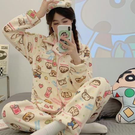 TR65953# 冬季爆款法兰绒睡衣女卡通开衫珊瑚绒家居服套装 送眼罩 服装批发女装批发服饰货源